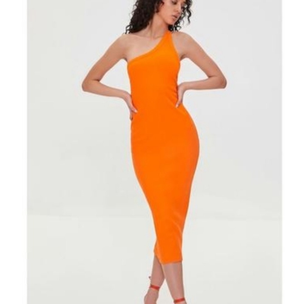 Orange Ribbed Midi One Shoulder Dress